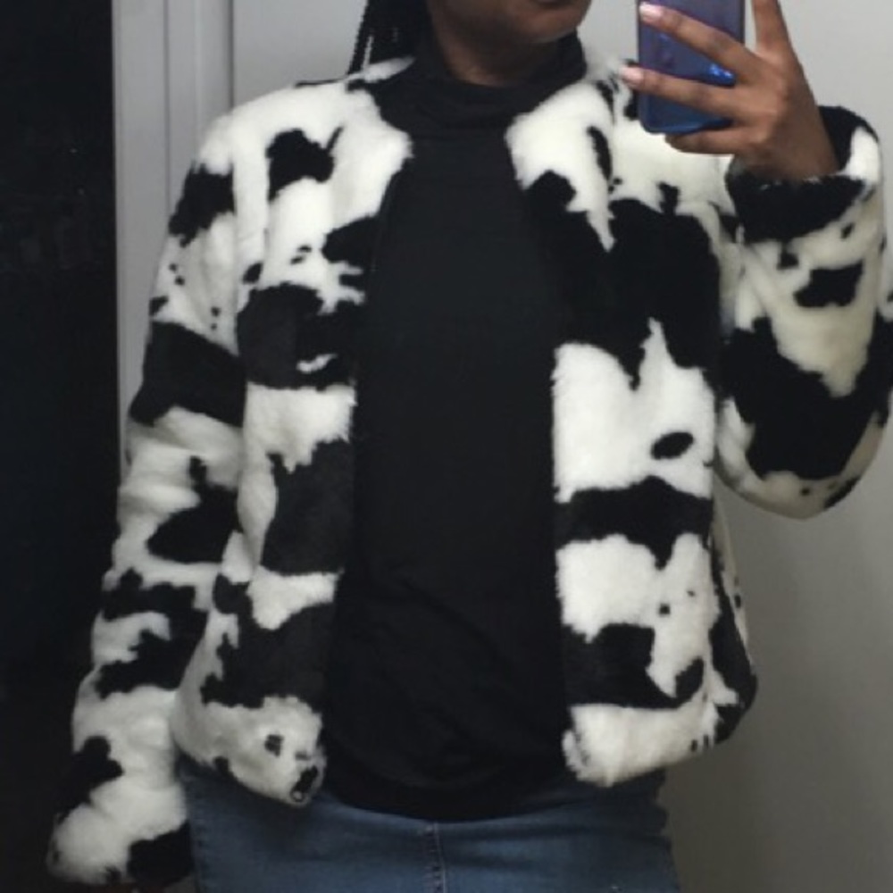 Cow Print Faux Fur Jacket